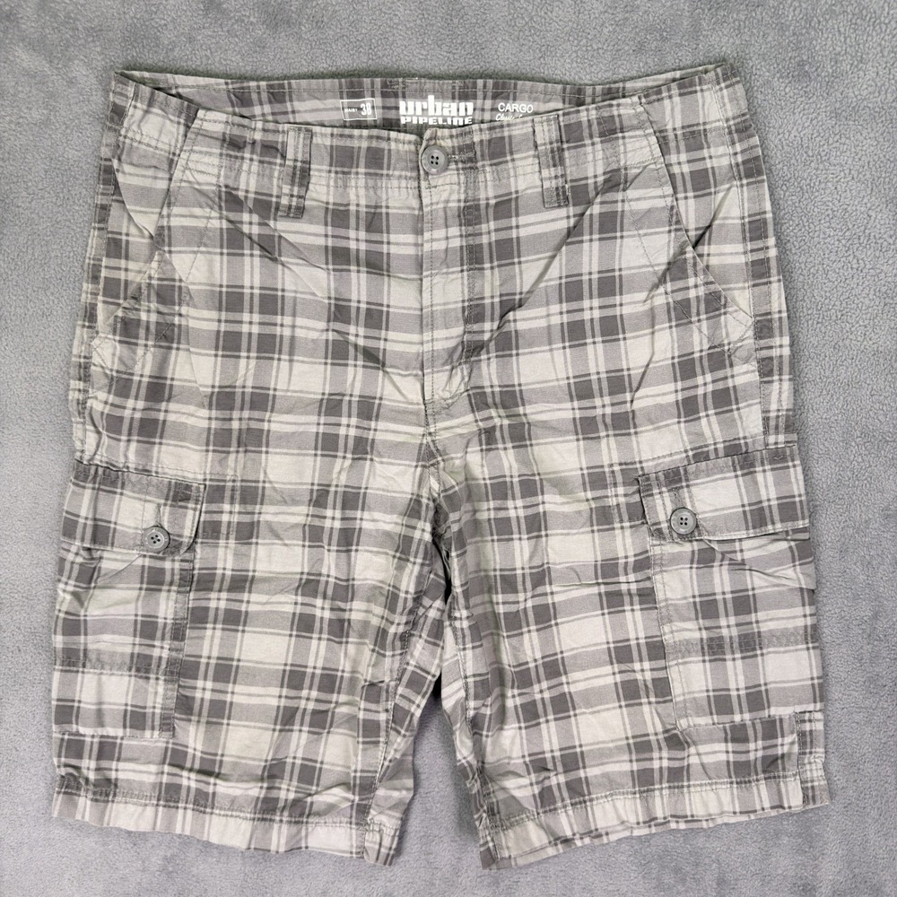 Urban Pipeline Cargo Shorts Mens 36 Gray Plaid Classic Length Baggy 11in. Inseam